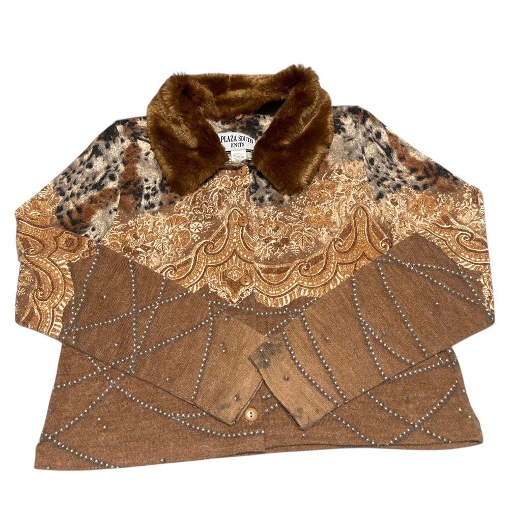 Vintage Plaza South Knits Cardigan Faux Fur Collar Sweater Animal Print Medium